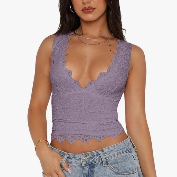 ReoRia Tops - NWT ReoRia Hazy Lilac Lace Double Lined V-Neck Tank Top XL
